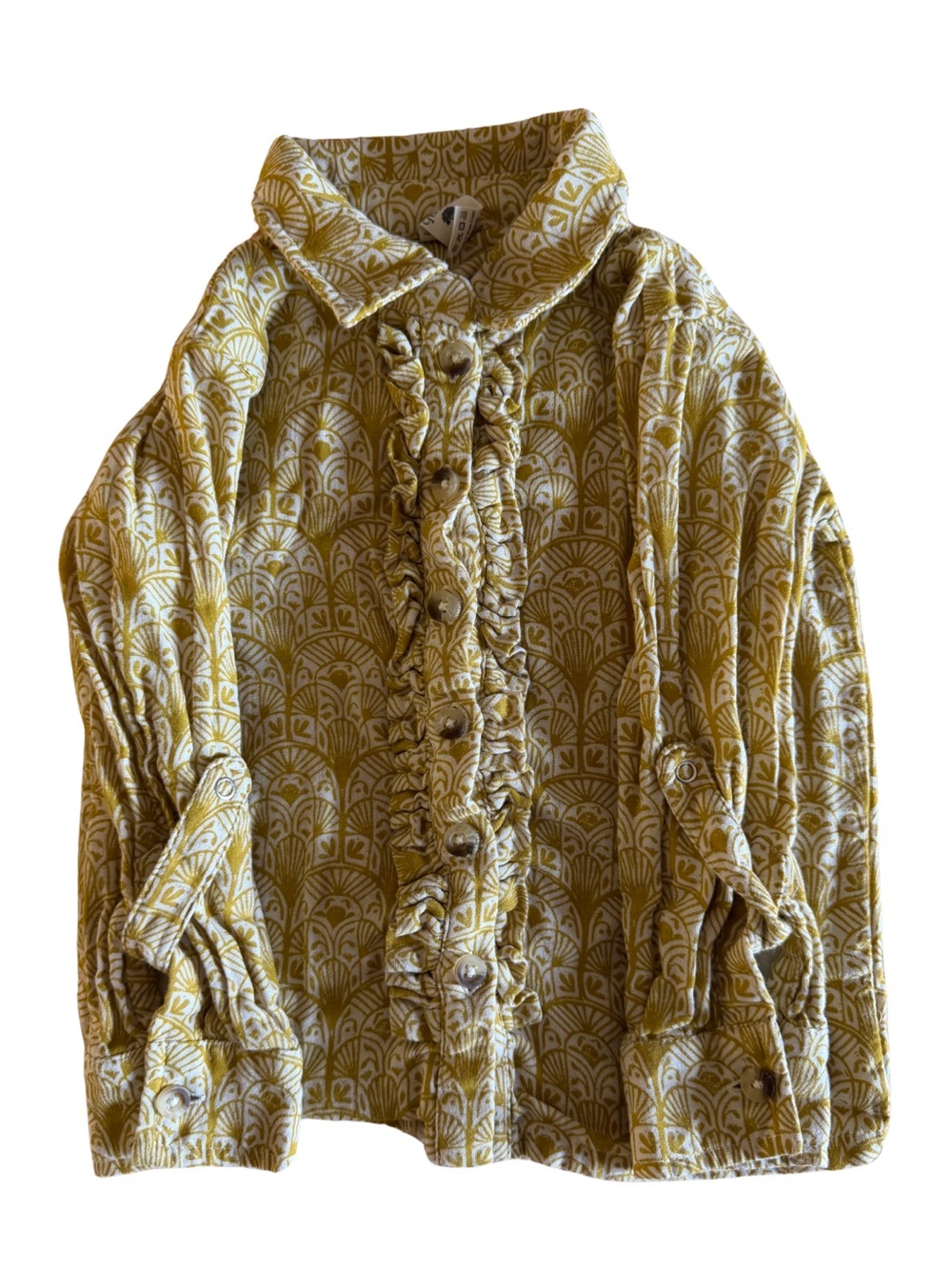 ~ kate quinn Organic Snap-Front Ruffle Shirt Art Deco Fan Print Mustard 2T